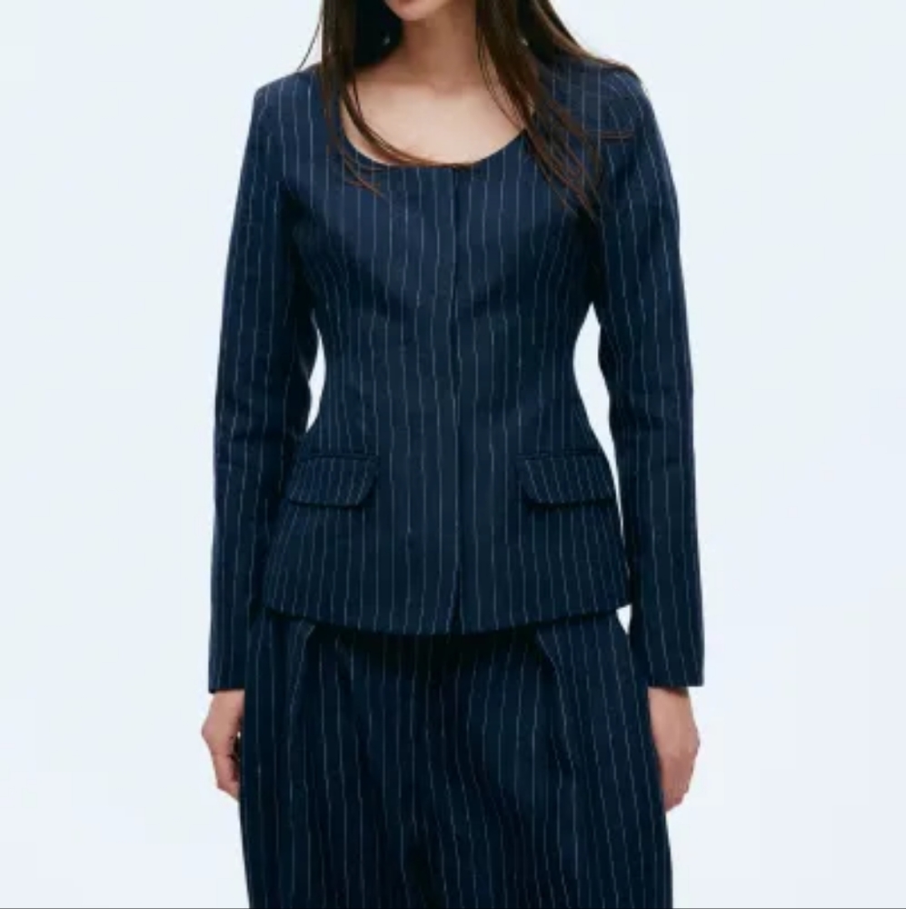 H&M pinstripes Fitted-waist Linen Jacket navy blue/cream BNWT